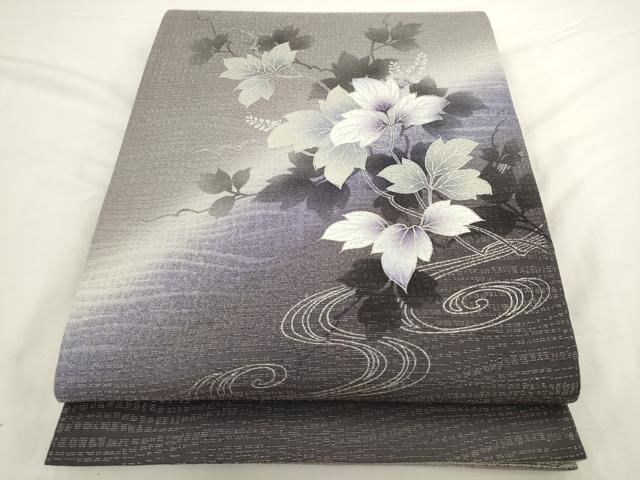 平和屋着物●太鼓柄袋帯　流水草花文　銀彩　銀通し地　正絹　逸品　AABL2547pf