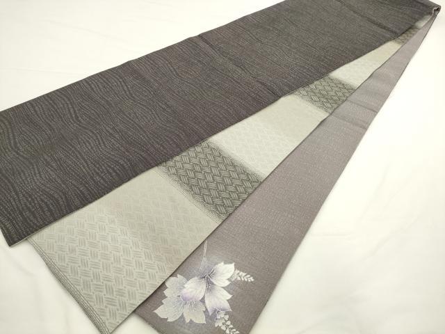 平和屋着物●太鼓柄袋帯　流水草花文　銀彩　銀通し地　正絹　逸品　AABL2547pf