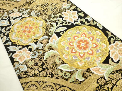平和屋着物●西陣　服部織物謹製　六通柄袋帯　唐織　あやは錦　正倉院花文　黒地　金糸　正絹　逸品　AABL2548pf