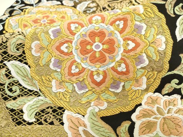 平和屋着物●西陣　服部織物謹製　六通柄袋帯　唐織　あやは錦　正倉院花文　黒地　金糸　正絹　逸品　AABL2548pf