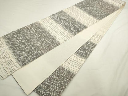 平和屋着物●六通柄袋帯　草木染　スレット　紙布　ムラ染　横段文　金糸　正絹　逸品　AABL2549pf