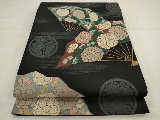 平和屋着物●両面六通柄袋帯　作家物　扇面草花文　黒地　金糸　正絹　逸品　AABL2574pf