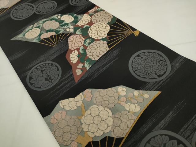 平和屋着物●両面六通柄袋帯　作家物　扇面草花文　黒地　金糸　正絹　逸品　AABL2574pf