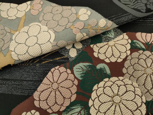 平和屋着物●両面六通柄袋帯　作家物　扇面草花文　黒地　金糸　正絹　逸品　AABL2574pf