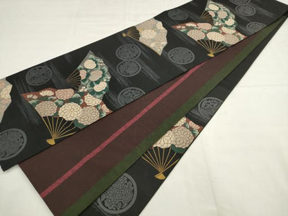 平和屋着物●両面六通柄袋帯　作家物　扇面草花文　黒地　金糸　正絹　逸品　AABL2574pf