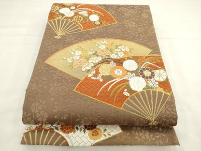 平和屋着物●西陣　河合美術織物謹製　六通柄袋帯　唐織　扇面草花文　金糸　正絹　逸品　AABL2576pf