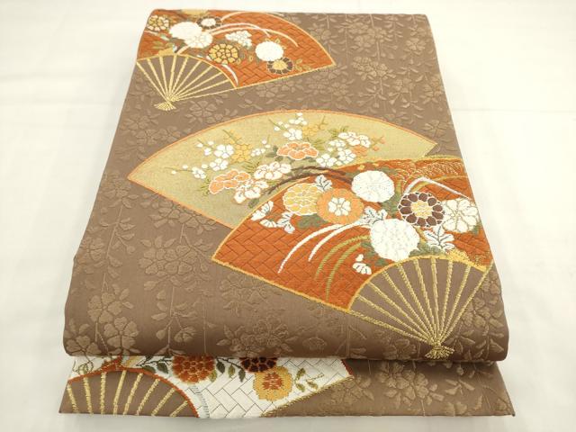 平和屋着物●西陣　河合美術織物謹製　六通柄袋帯　唐織　扇面草花文　金糸　正絹　逸品　AABL2576pf