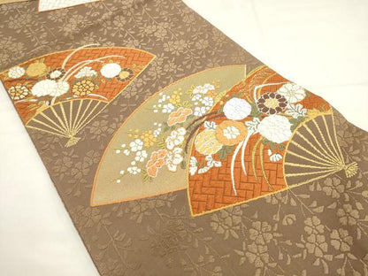 平和屋着物●西陣　河合美術織物謹製　六通柄袋帯　唐織　扇面草花文　金糸　正絹　逸品　AABL2576pf