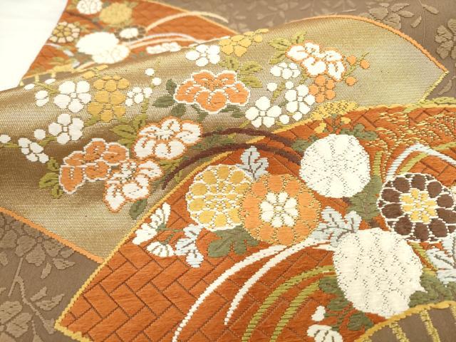 平和屋着物●西陣　河合美術織物謹製　六通柄袋帯　唐織　扇面草花文　金糸　正絹　逸品　AABL2576pf