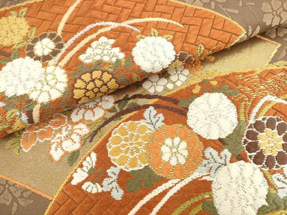 平和屋着物●西陣　河合美術織物謹製　六通柄袋帯　唐織　扇面草花文　金糸　正絹　逸品　AABL2576pf
