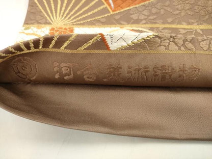 平和屋着物●西陣　河合美術織物謹製　六通柄袋帯　唐織　扇面草花文　金糸　正絹　逸品　AABL2576pf