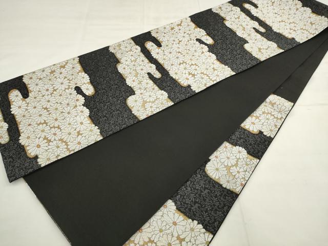 平和屋着物●六通柄袋帯　唐織　九百唐織　雲取菊文様　黒地　金糸　正絹　逸品　AABL2584pf