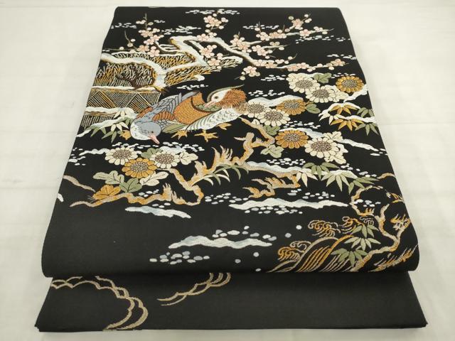 平和屋着物●六通柄袋帯　唐織　雪壽鴛鴦図　黒地　金糸　正絹　逸品　AABL2589pf