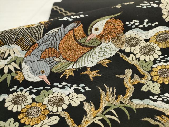 平和屋着物●六通柄袋帯　唐織　雪壽鴛鴦図　黒地　金糸　正絹　逸品　AABL2589pf