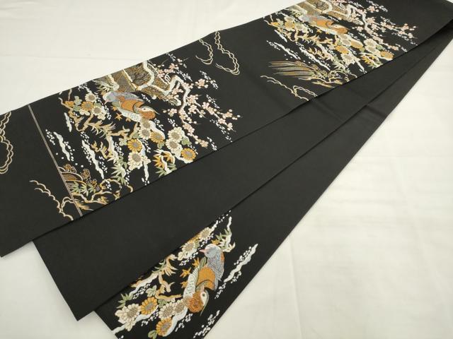 平和屋着物●六通柄袋帯　唐織　雪壽鴛鴦図　黒地　金糸　正絹　逸品　AABL2589pf