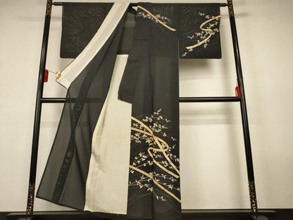 平和屋着物＊夏物　訪問着　絽　熨斗花文　黒地　金彩　正絹　逸品　AABL2609jd