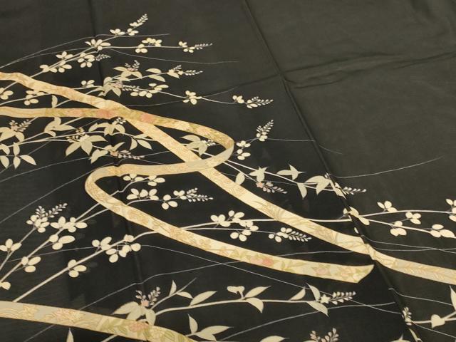 平和屋着物＊夏物　訪問着　絽　熨斗花文　黒地　金彩　正絹　逸品　AABL2609jd