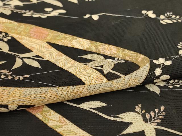平和屋着物＊夏物　訪問着　絽　熨斗花文　黒地　金彩　正絹　逸品　AABL2609jd