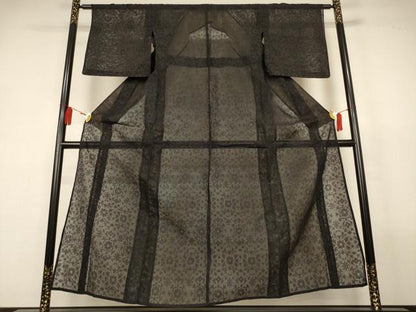 平和屋着物＊夏物　小紋　紗　幾何学花文　黒地　正絹　逸品　AABL2644jd