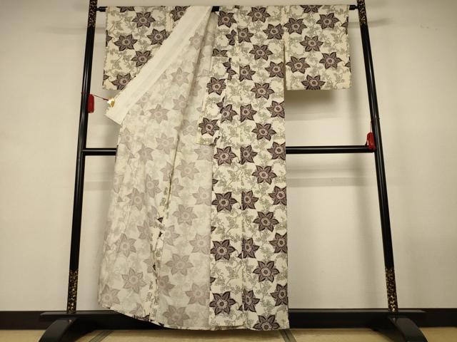 平和屋着物＊夏物　小紋　絽　型染め　草花文　正絹　逸品　AABL2658jd