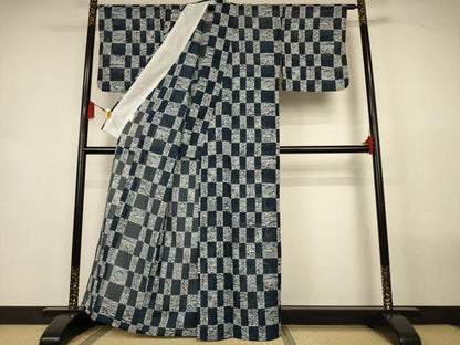平和屋着物＊夏物　小紋　絽　市松風景花文　洗える着物　AABL2673jd