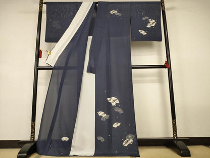 平和屋着物＊夏物　訪問着　絽　刺繍　地紙桜文　銀糸　ロング丈　正絹　逸品　AABL2682jd