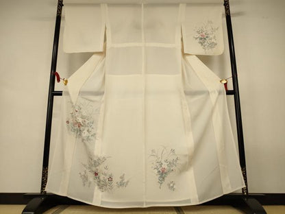 平和屋着物＊夏物　訪問着　絽　手描き　刺繍　草花文　正絹　逸品　AABL2684jd