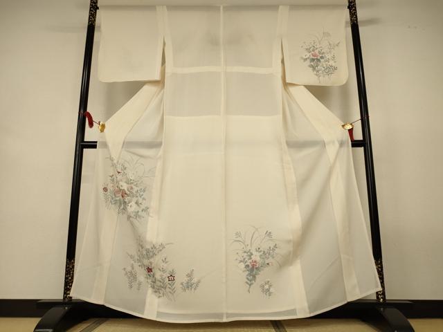 平和屋着物＊夏物　訪問着　絽　手描き　刺繍　草花文　正絹　逸品　AABL2684jd