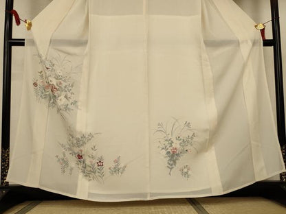 平和屋着物＊夏物　訪問着　絽　手描き　刺繍　草花文　正絹　逸品　AABL2684jd