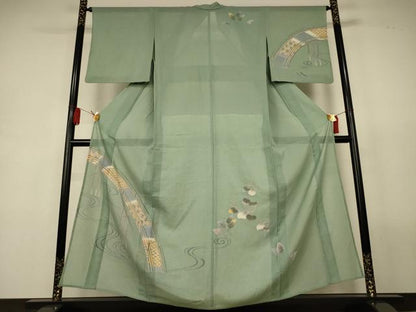 平和屋着物＊夏物　訪問着　絽紬　友禅　流水渡橋文　正絹　逸品　AABL2691jd