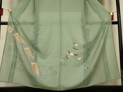 平和屋着物＊夏物　訪問着　絽紬　友禅　流水渡橋文　正絹　逸品　AABL2691jd