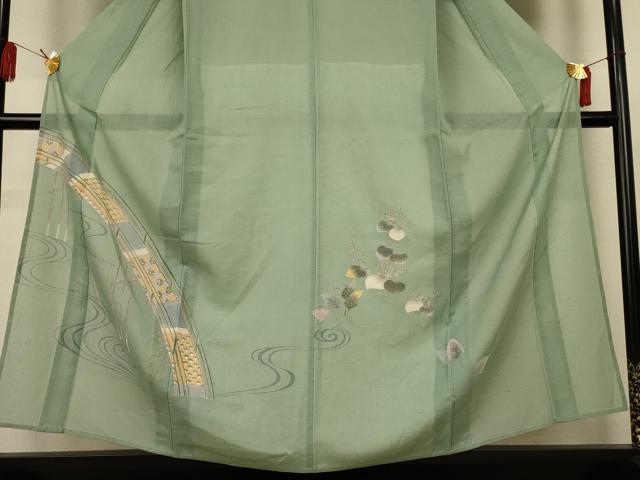 平和屋着物＊夏物　訪問着　絽紬　友禅　流水渡橋文　正絹　逸品　AABL2691jd