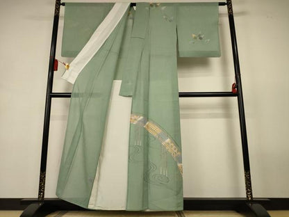 平和屋着物＊夏物　訪問着　絽紬　友禅　流水渡橋文　正絹　逸品　AABL2691jd