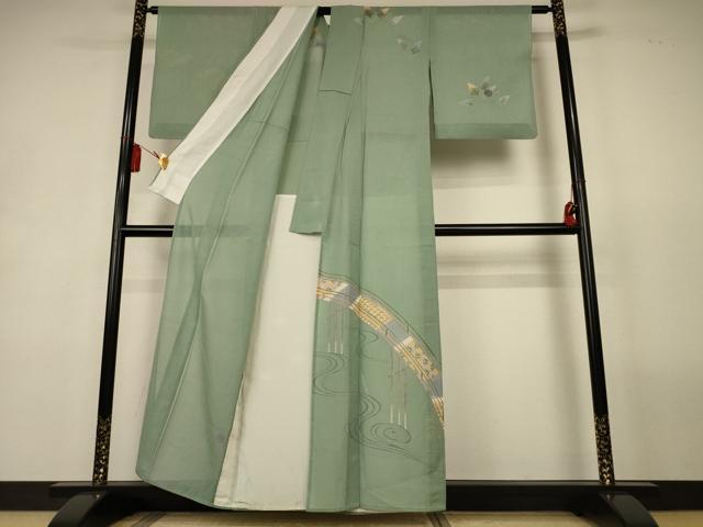 平和屋着物＊夏物　訪問着　絽紬　友禅　流水渡橋文　正絹　逸品　AABL2691jd