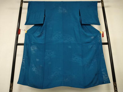 平和屋着物＊夏物　色無地　流水千鳥紋紗　藍色　正絹　逸品　AABL2696jd