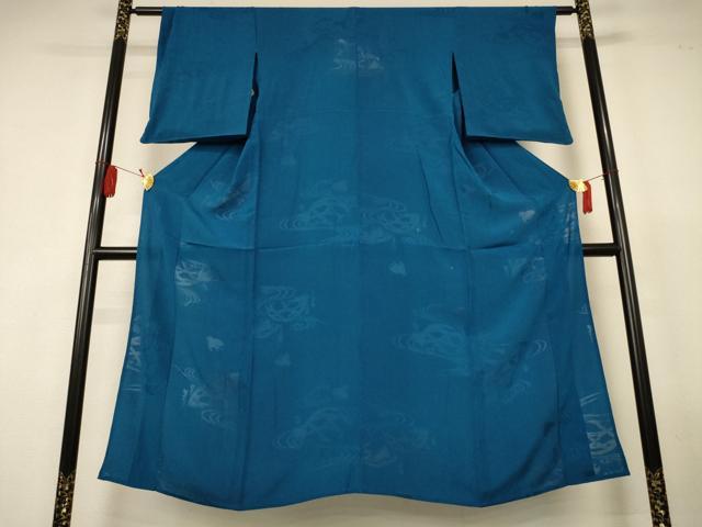 平和屋着物＊夏物　色無地　流水千鳥紋紗　藍色　正絹　逸品　AABL2696jd