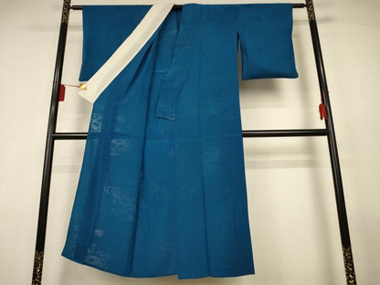 平和屋着物＊夏物　色無地　流水千鳥紋紗　藍色　正絹　逸品　AABL2696jd