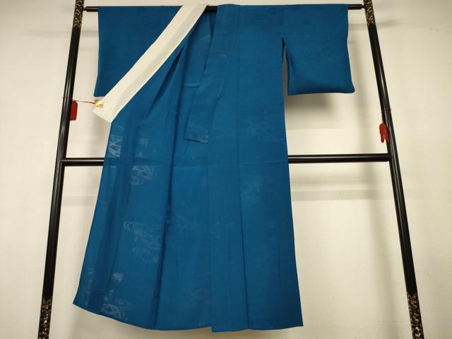 平和屋着物＊夏物　色無地　流水千鳥紋紗　藍色　正絹　逸品　AABL2696jd
