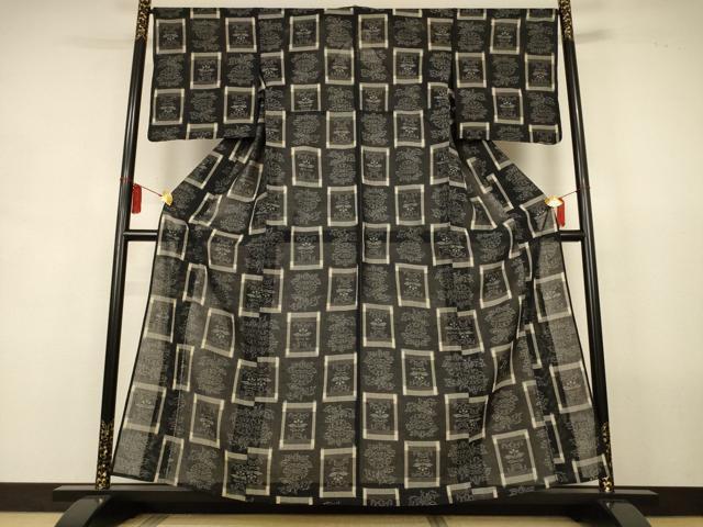 平和屋着物＊夏物　紗紬　色紙草花文　黒地　正絹　逸品　AABL2697jd