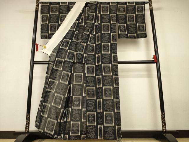 平和屋着物＊夏物　紗紬　色紙草花文　黒地　正絹　逸品　AABL2697jd