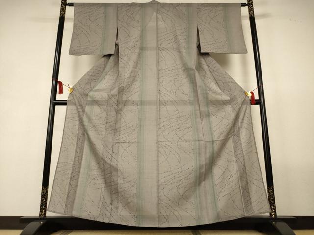 平和屋着物＊夏物　小紋　紗紬　枝葉文　正絹　逸品　AABL2698jd