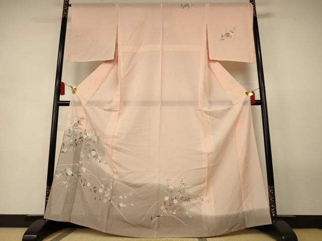 平和屋着物＊夏物　訪問着　絽　草花文　暈し染め　銀彩　正絹　逸品　AABL2714jd