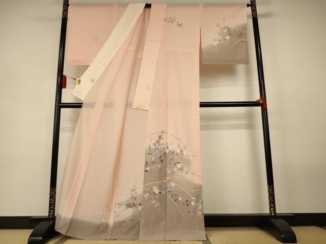 平和屋着物＊夏物　訪問着　絽　草花文　暈し染め　銀彩　正絹　逸品　AABL2714jd