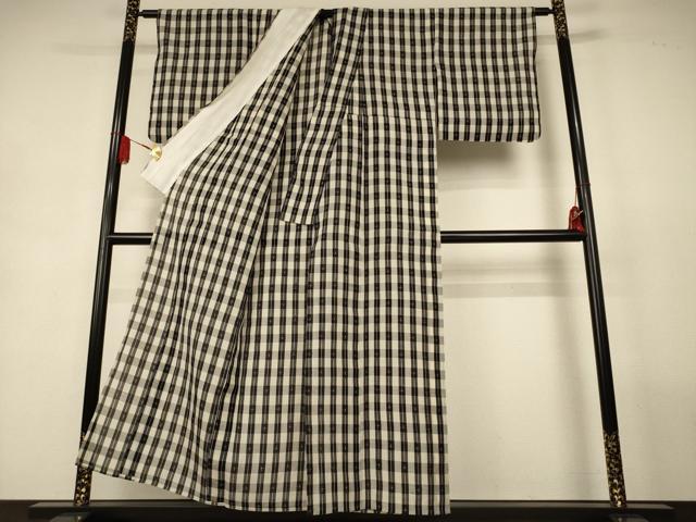 平和屋着物＊夏物　紗紬　格子　正絹　逸品　AABL2720jd