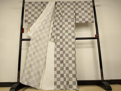 平和屋着物＊夏物　小紋　絽　市松文様　正絹　逸品　AABL2722jd