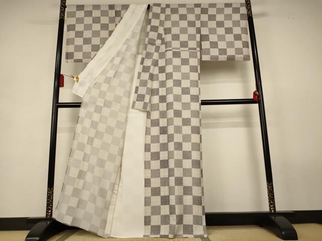 平和屋着物＊夏物　小紋　絽　市松文様　正絹　逸品　AABL2722jd
