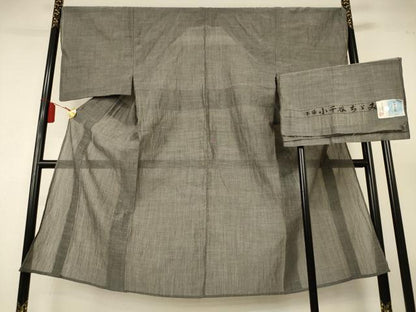 平和屋着物＊夏物　男性　本場小千谷ちぢみ　色無地　利休鼠色　麻　逸品　AABL2732jd