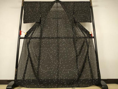平和屋着物＊夏物　小紋　絽　葉　燕　黒地　金彩　洗える着物　AABL2766jd