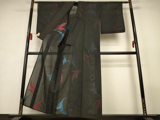 平和屋着物＊夏物　小紋　紗　舞葉文　正絹　逸品　AABL2772jd