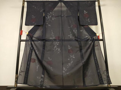 平和屋着物＊夏物　小紋　紗　草花文　銀糸　正絹　逸品　未使用　AABL2792jd